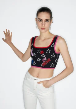 Twist Slim Fit Star Jacquard Crop - Top - Black