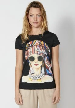 Koroshi Short SleeveT-Shirt Con StampaBlack Donna T-shirt E Top KOL21D07Y-Q11