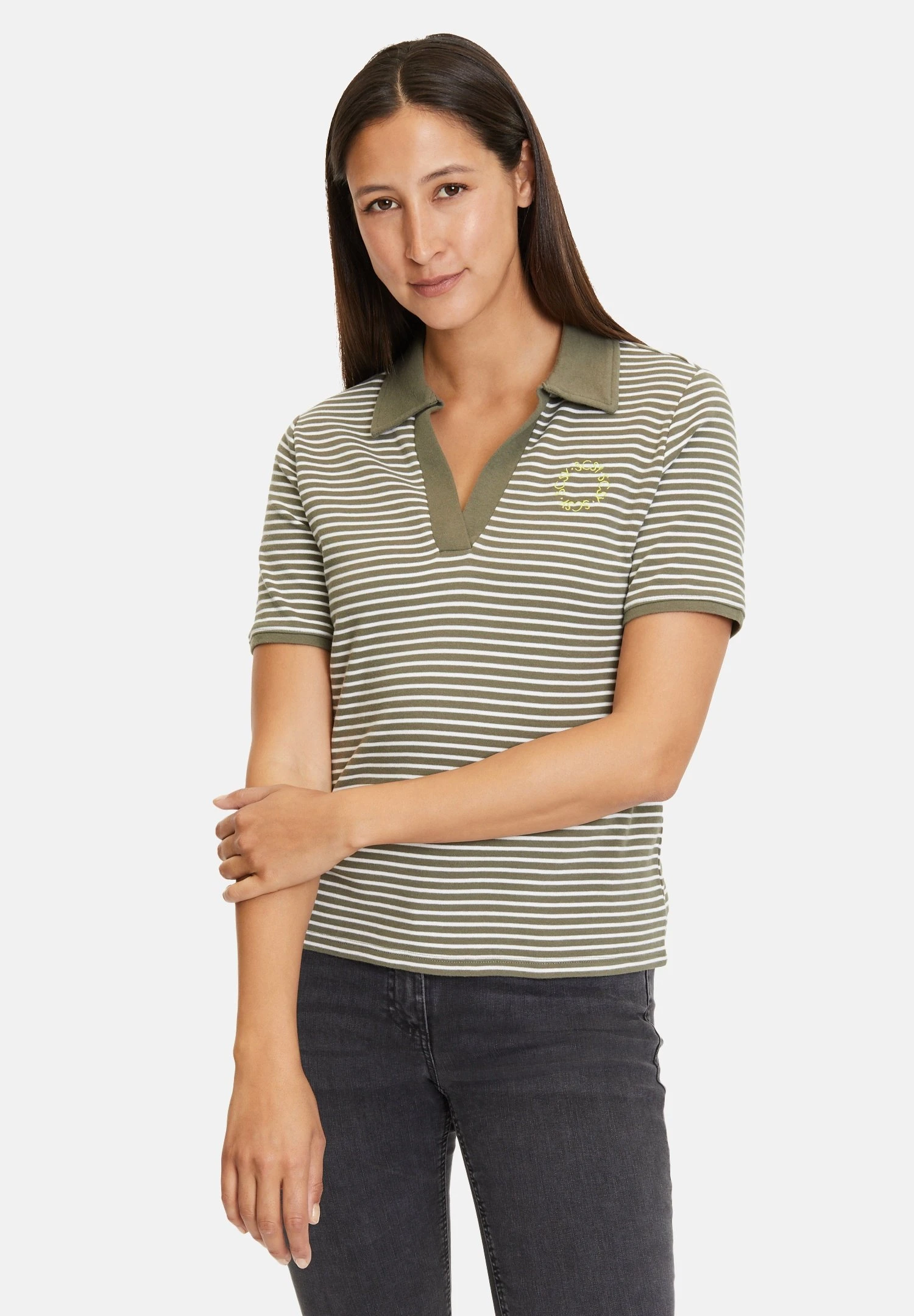 Betty Barclay Mit RingelPoloKhaki White Donna T-shirt E Top 2BE21D0XQ-M11 1 Betty Barclay Mit RingelPoloKhaki White Donna T-shirt E Top 2BE21D0XQ-M11