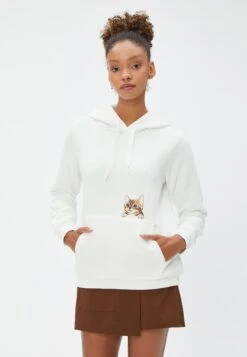 Koton Kangaroo Pocket Detail Cat Embroidered - Felpa Con Cappuccio - Ecru