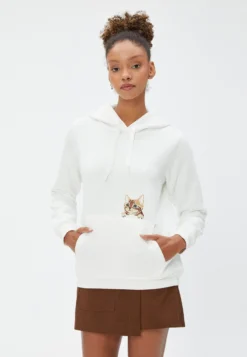 Koton Kangaroo Pocket Detail Cat Embroidered - Felpa Con Cappuccio - Ecru